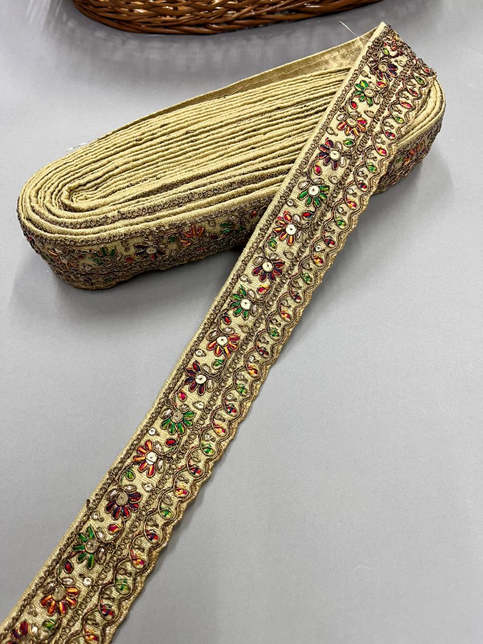 Zari Embroidered Sabyasachi Inspired Lace Border – Premium 2 Inch Designer Decorative Border for Sarees & Bridal Ethnic Wear (9 Meter) | Beige