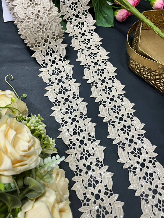 White Cutwork Imported Lace Trim – Designer Saree Lace Border for Dresses, Dupattas & Lehengas (9 Meter) | Biscuit Color