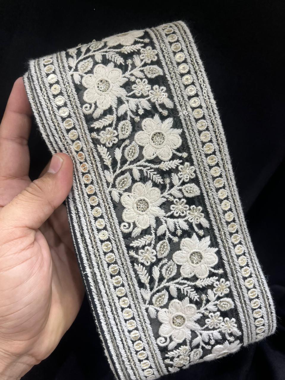 Designer Lucknowi Cotton Lace – Premium 5 Inch Broad Embroidered Border for Sarees, Dupattas, Suits & Dresses (9 Meter) | Black