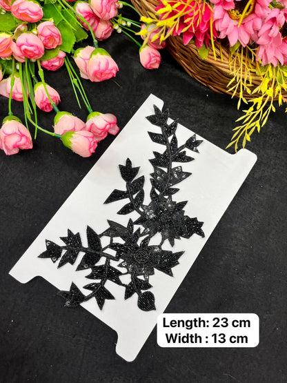 Handcrafted Black Cutwork Patch for Blouses, Dresses, Sarees & Lehengas – Designer Decorative Applique Patch (13 x 23 cm) | DC1069 | Black