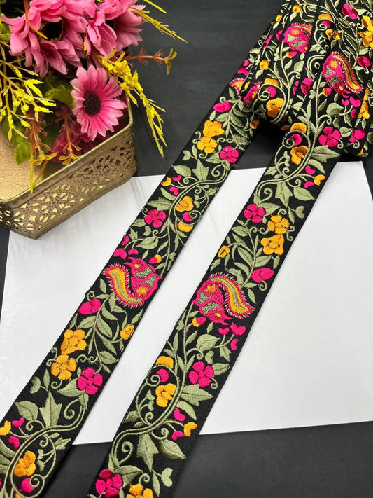 Thread Embroidered Colourful Parsi Lace & Borders – Decorative Lace for Sarees, Dupattas, and Dresses (9 mtr, 2 inch) | Black Multi 2