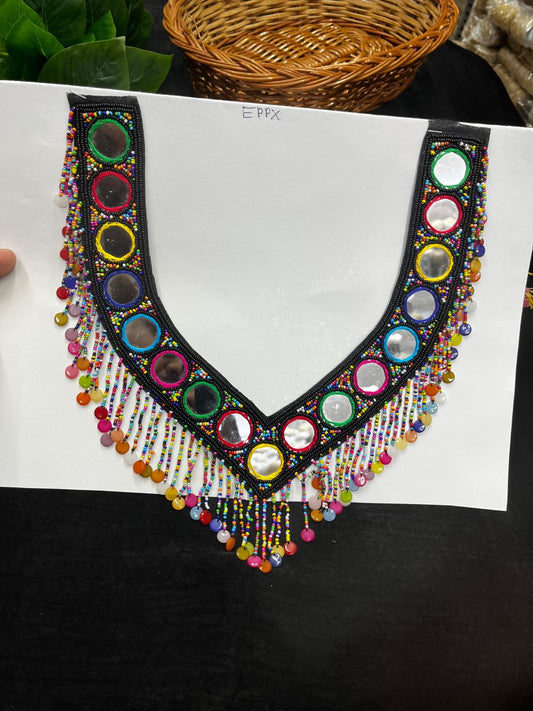 Handcrafted Mirror Work Neck for Kurtis & Tops – Designer Neckline Embellishment | Black Multi