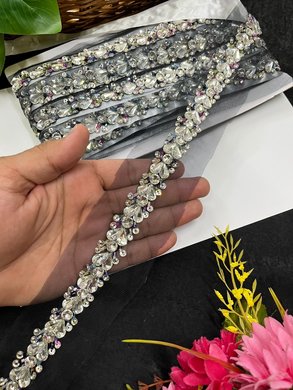 Designer Handmade Crystal Lace for Sarees, Lehengas & Dupattas – Premium Decorative Crystal Lace Border (1 Inch) | DC1012 | Black Multi