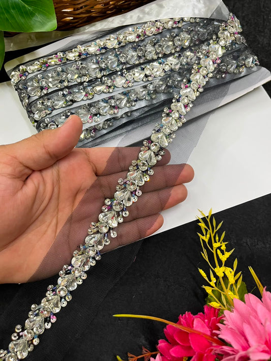 Designer Handmade Crystal Lace for Sarees, Lehengas & Dupattas – Premium Decorative Crystal Lace Border (1 Inch) | DC1012 | Black Multi