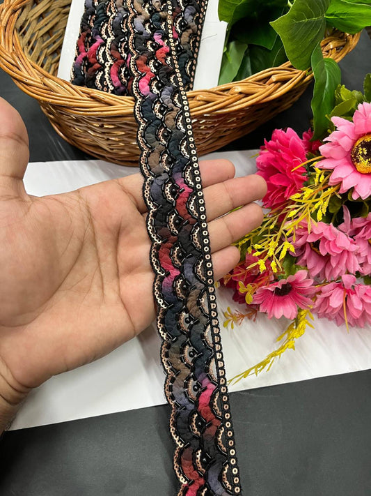Beautiful Imported Lace with Delicate Pipe Work – 9 Meter | Black Multi
