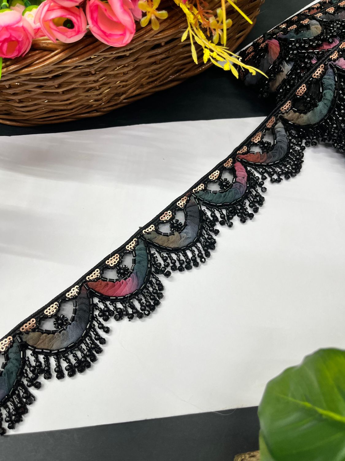 Beautiful Multicoloured Imported Hanging Lace Trim – Premium Saree Laces & Dress Borders (9 Meter) | Black Multi