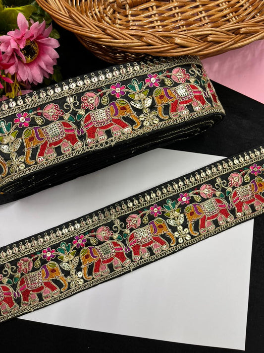 Beautiful Elephant Design Embroidered Zari Saree Lace – Premium Designer Embroidered Lace | Black