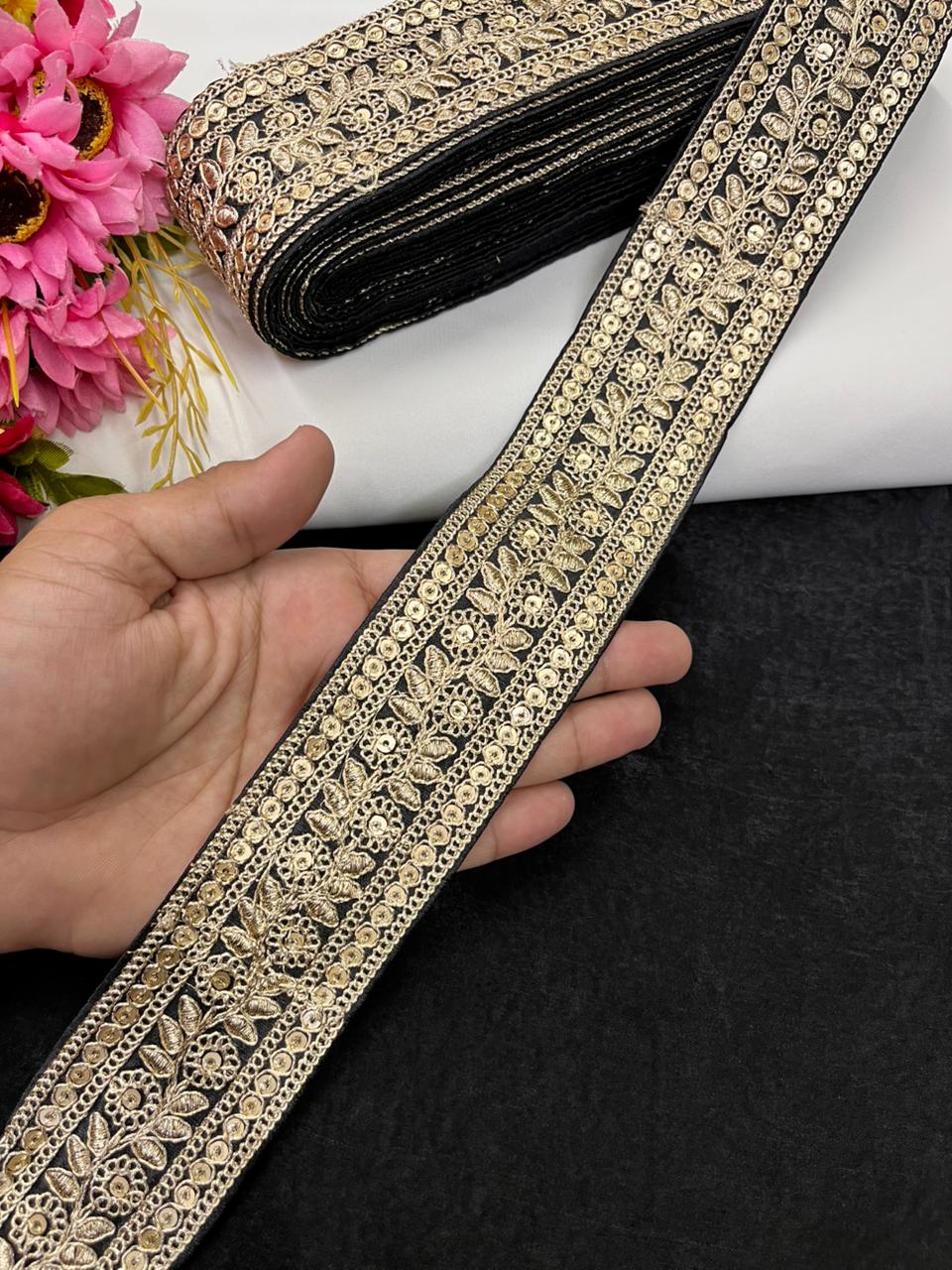 Leaf Style Embroidered Designer Lace Border for Sarees, Kurtis & Dresses – Elegant Ethnic Embroidery Lace (2 Inch) | Black