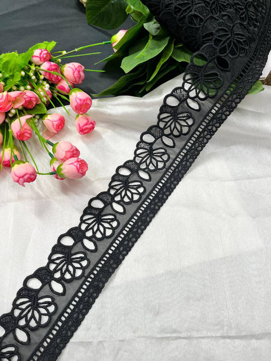 Royal Cutwork Organza Imported Lace Trim – Elegant Saree Laces & Dress Borders (9 Meter) | Black