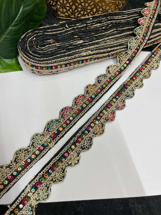 Multicolored Scalloped Sabyasachi Inspired Embroidered Lace – 9 Meters, 1-Inch Designer Trim for Sarees, Lehengas & Dupattas | Black