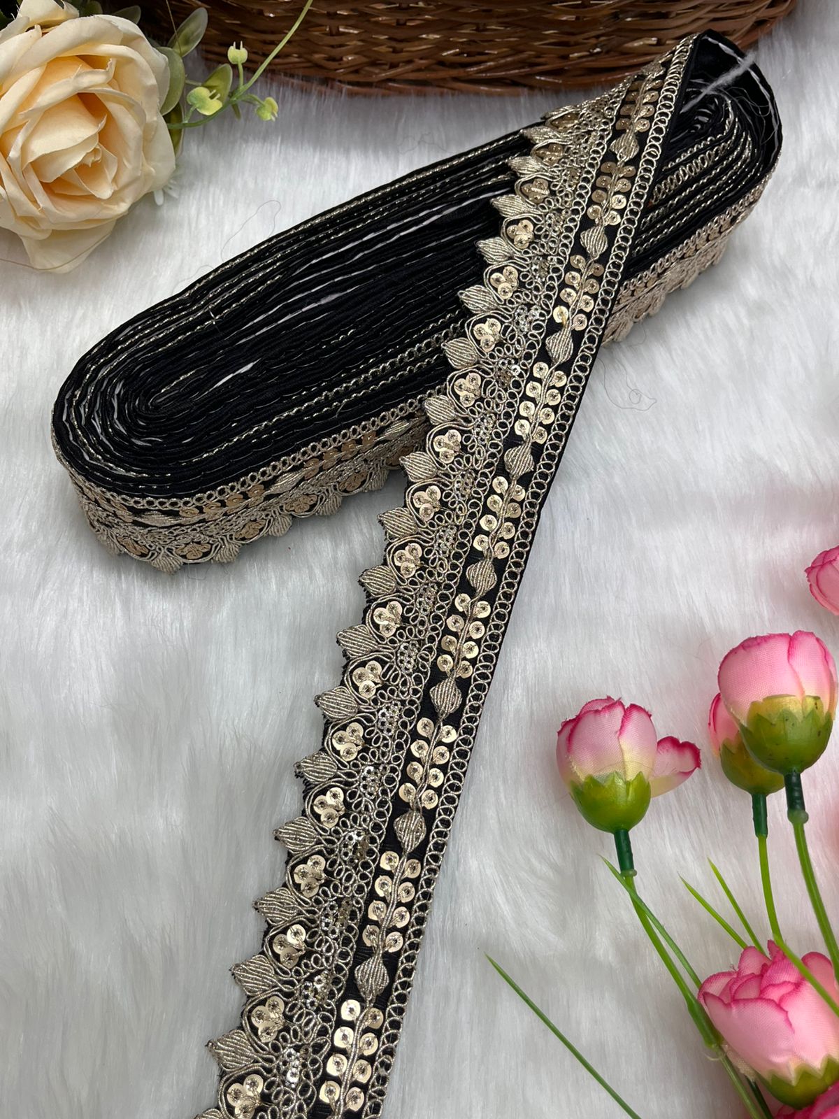 Beautiful Silk-Based Sequins Work Embroidery Trim - Elegant and Versatile | Black
