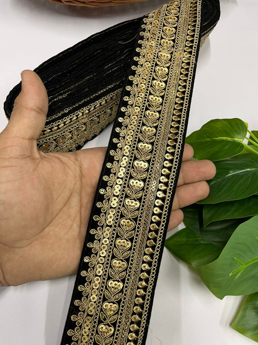 Deeps Creation Gold Zari Embroidered Velvet Fancy Dress Lace | Velvet Lace Design (9 Mtr) | Black
