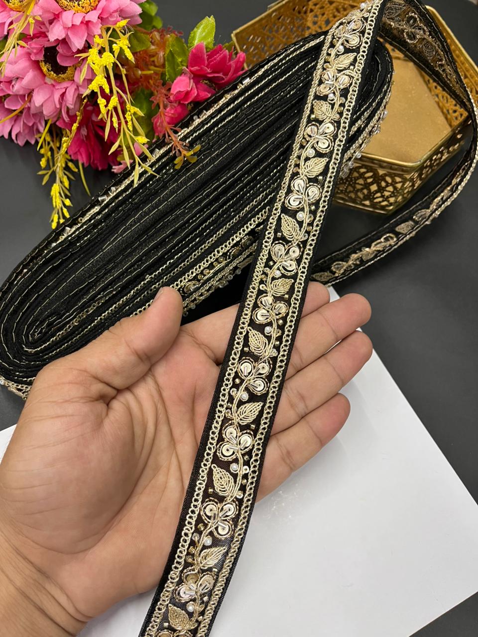 Pearl Zari Embroidered Net Lace – Designer Maggam Work Border for Sarees, Lehengas & Dupattas (9 Meter, 1 Inch Width) | Black