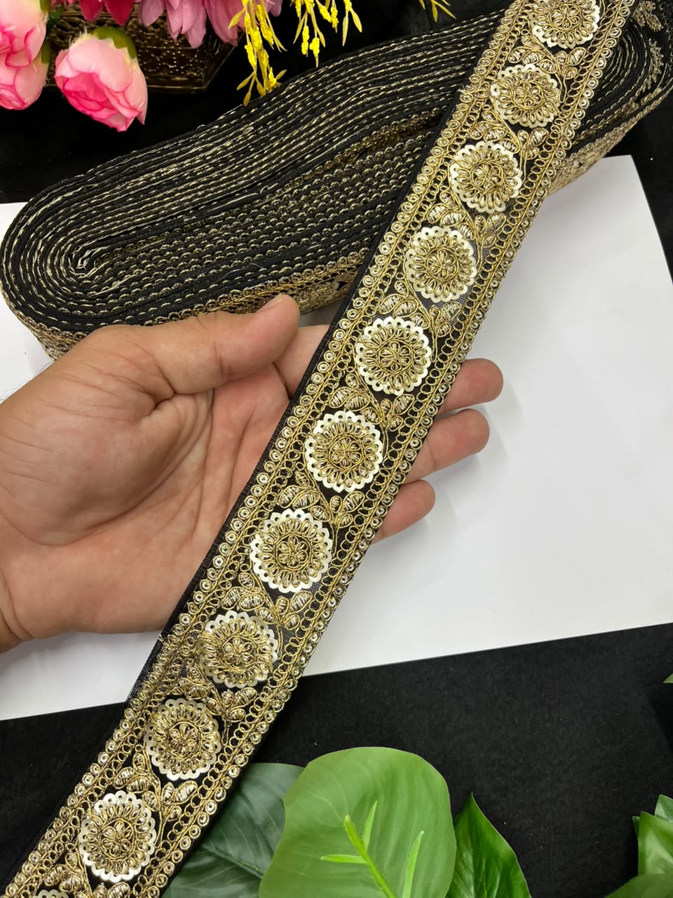 Golden Zari Embroidered Lace on Net Fabric for Sarees, Lehengas & Dupattas – Designer Embroidered Lace Border (1.5 Inch) | Black