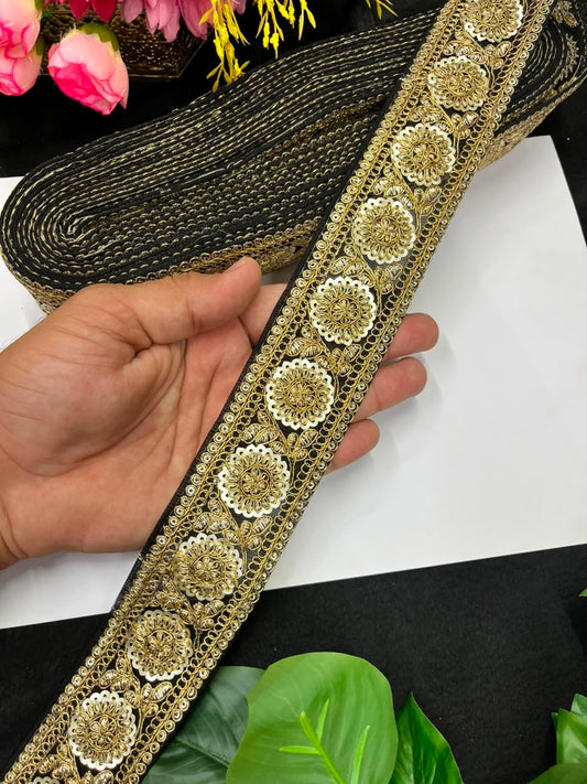 Golden Zari Embroidered Lace on Net Fabric for Sarees, Lehengas & Dupattas – Designer Embroidered Lace Border (1.5 Inch) | Black