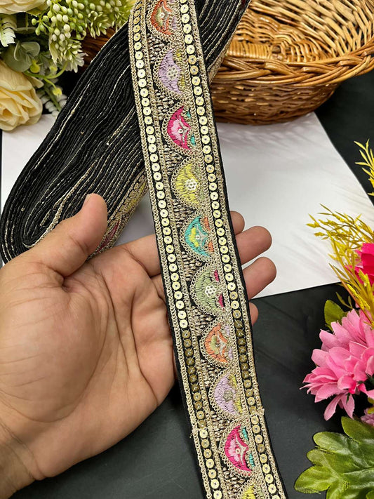 Sabyasachi Inspired Designer Saree Laces and Trims – Embroidered Border Lace (9 Meter Roll) | Black