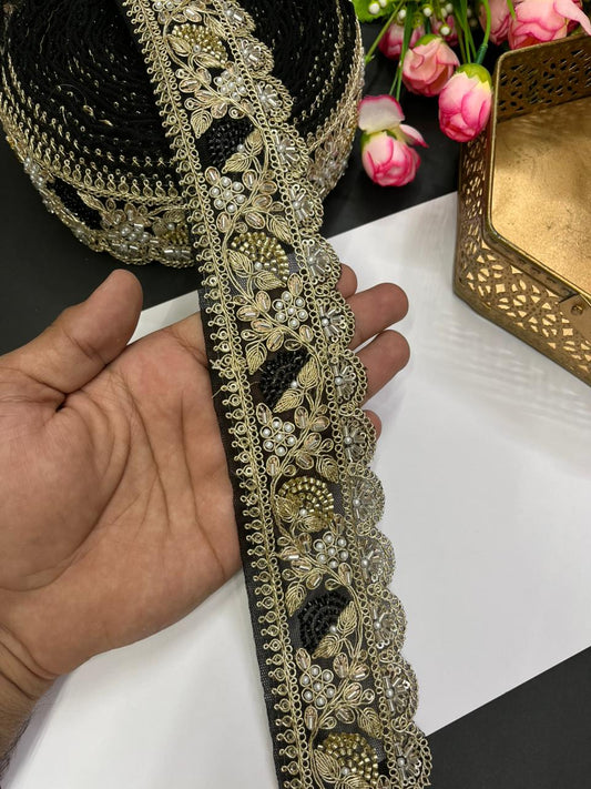 Designer Beaded Net Based Maggam Work Lace for Sarees – Premium 2 Inch Hand-Embellished Border for Lehengas & Bridal Wear (9 Meter) | Black
