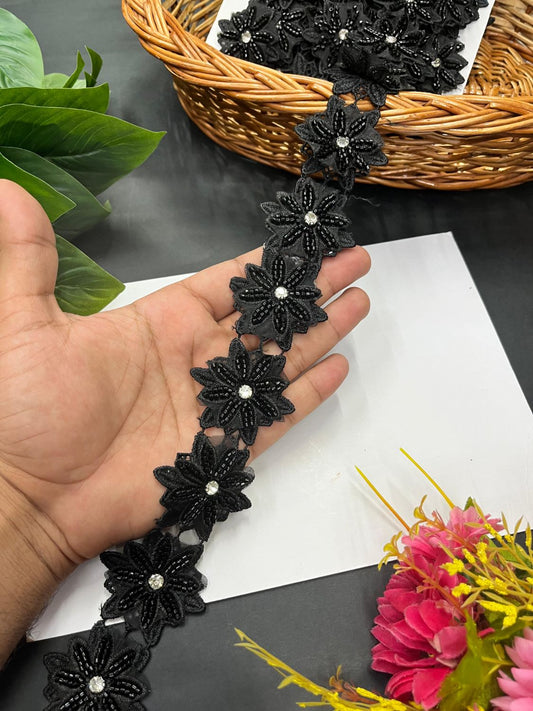 Flower Beaded Lace Designer Lace Border – Imported Decorative Lace for Sarees, Dupattas, and Dresses (9 mtr, 1.5 inch) | Black