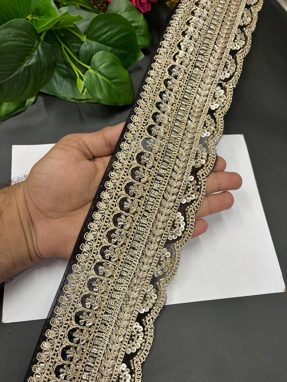 Exclusive Bridal Saree Laces & Borders on Net Fabric – Maggam Work Designer Trim for Sarees, Lehengas & Dupattas (9 Meter, 4 Inch Width) | Black