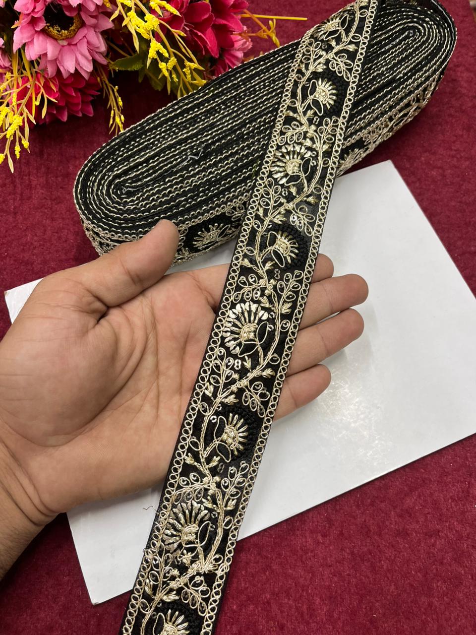 Sequins Work Zari Embroidered Laces – Premium Designer Borders for Sarees, Lehengas & Dupattas (9 Meter, 1.5 Inch Width) | Black
