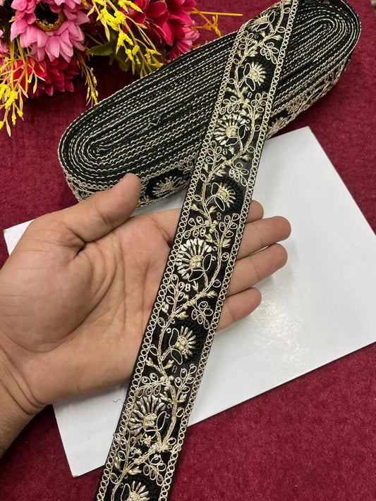Sequins Work Zari Embroidered Laces – Premium Designer Borders for Sarees, Lehengas & Dupattas (9 Meter, 1.5 Inch Width) | Black