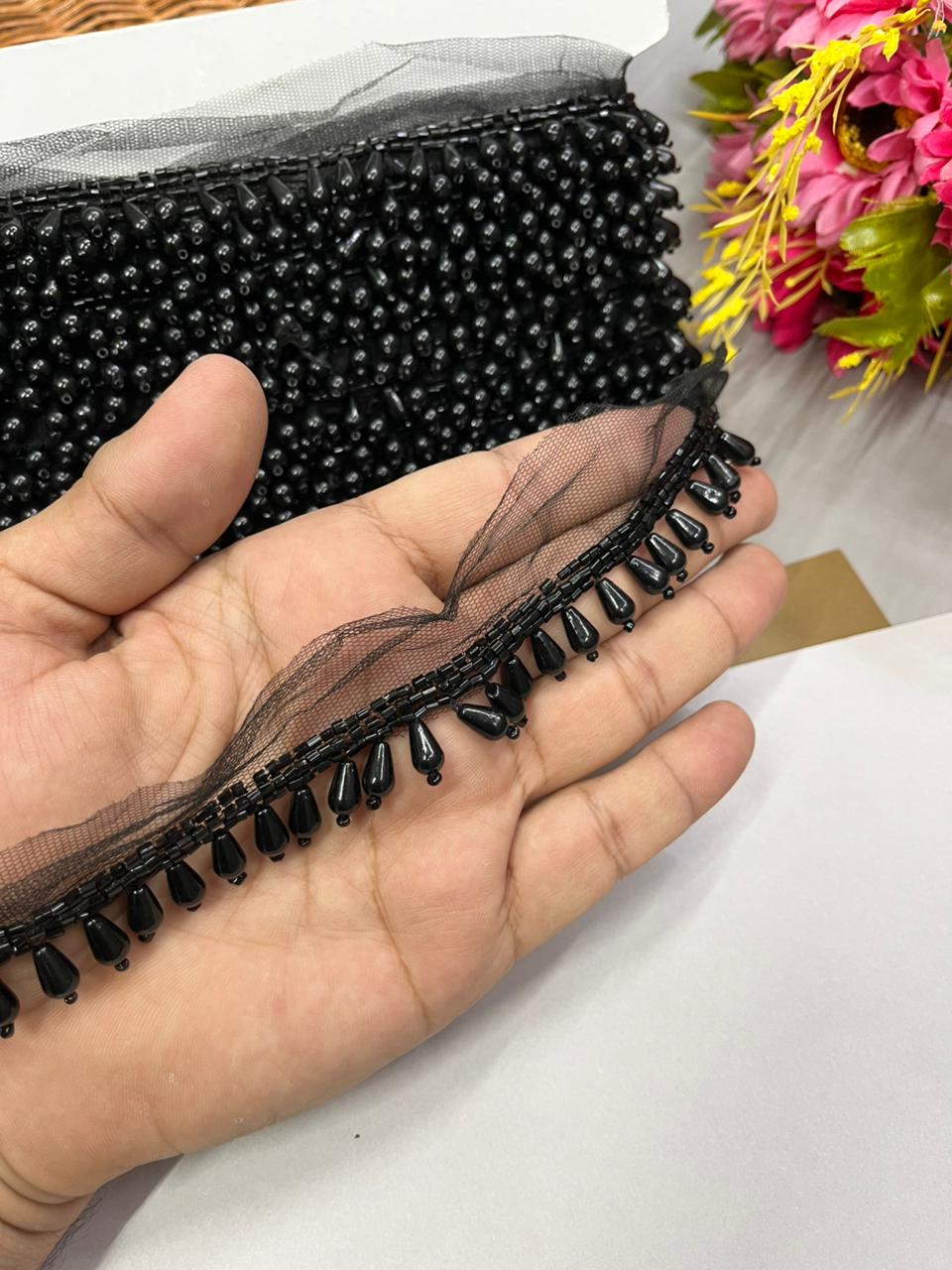 Pearl Drop Hanging Lace for Bridal Blouses & Dupattas – Elegant 1 Inch Latkan Style Decorative Border for Wedding & Festive Wear (9 Meter) | Black