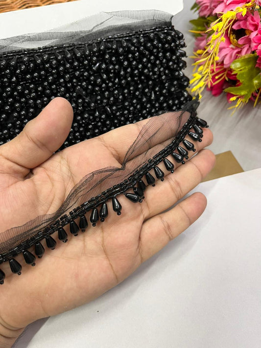 Pearl Drop Hanging Lace for Bridal Blouses & Dupattas – Elegant 1 Inch Latkan Style Decorative Border for Wedding & Festive Wear (9 Meter) | Black