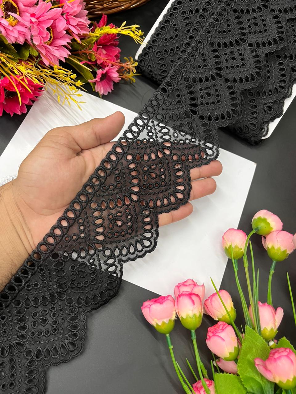 Cutwork Organza Imported Lace Trims – Premium Designer Border for Sarees, Lehengas & Dupattas (9 Meter, 3 Inch Width) | Black