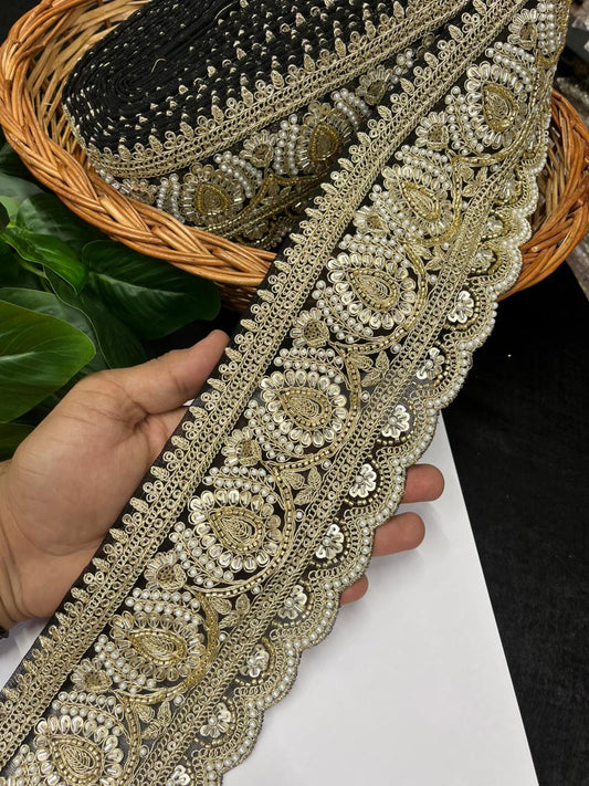 Beautiful Cutdana & Pearl Work Maggam Work Bridal Lace – Premium Designer Bridal Lace | Black