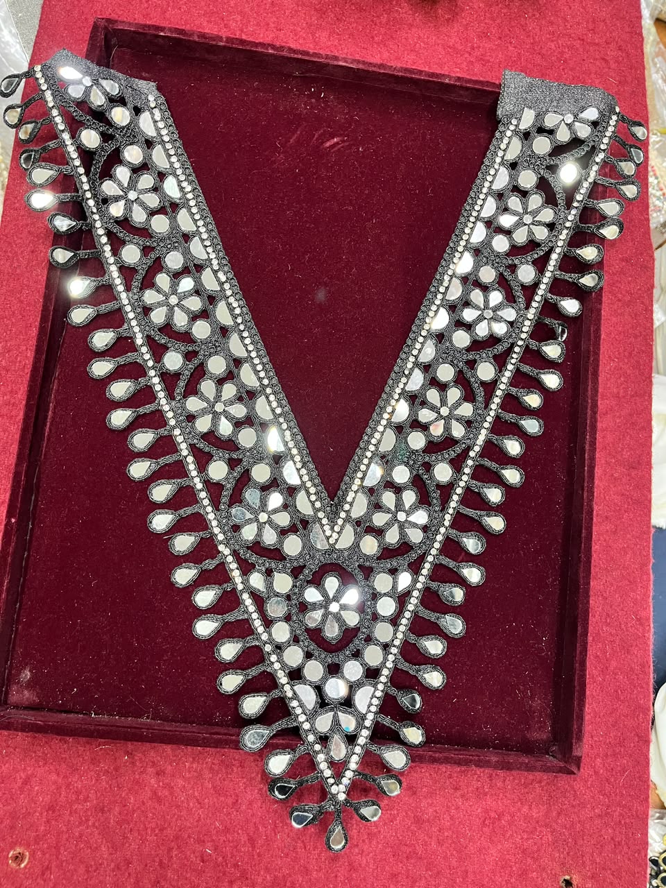Real Mirror Work Neck Patch for Kurtis, Dresses & Blouses – Designer Handcrafted Mirror Neckline Applique | DC0984 | Black