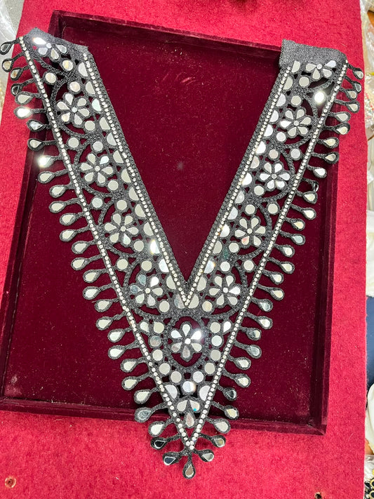 Real Mirror Work Neck Patch for Kurtis, Dresses & Blouses – Designer Handcrafted Mirror Neckline Applique | DC0984 | Black