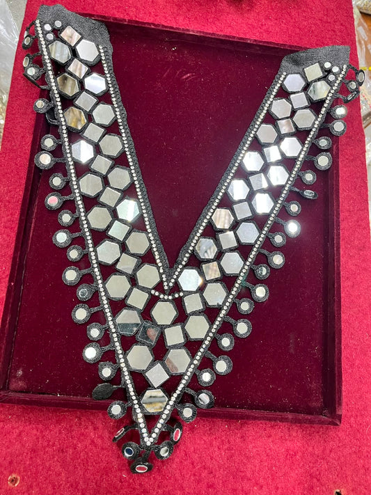 Real Mirror Work Neck Patch for Kurtis, Dresses & Blouses – Designer Handcrafted Mirror Neckline Applique | DC0986 | Black