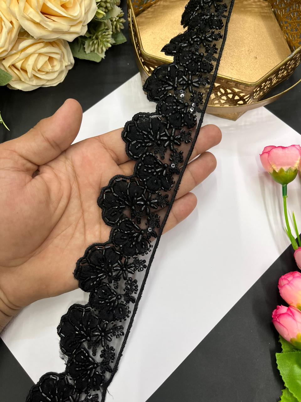 Luxurious Flower Design Imported Lace Trims – Premium 2.5 Inch Decorative Border for Sarees, Blouses & Ethnic Wear (9 Meter) | Black