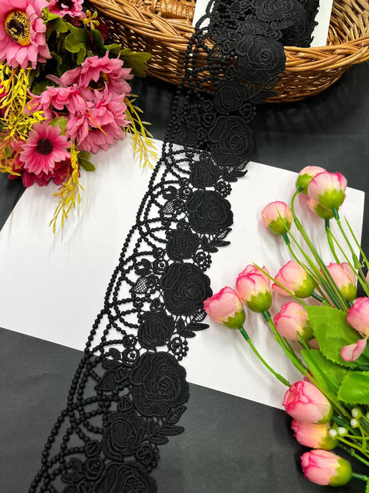 Elegant Floral Design Imported Cotton Lace Trim – Soft & Delicate Finish (9 Meter) | Black