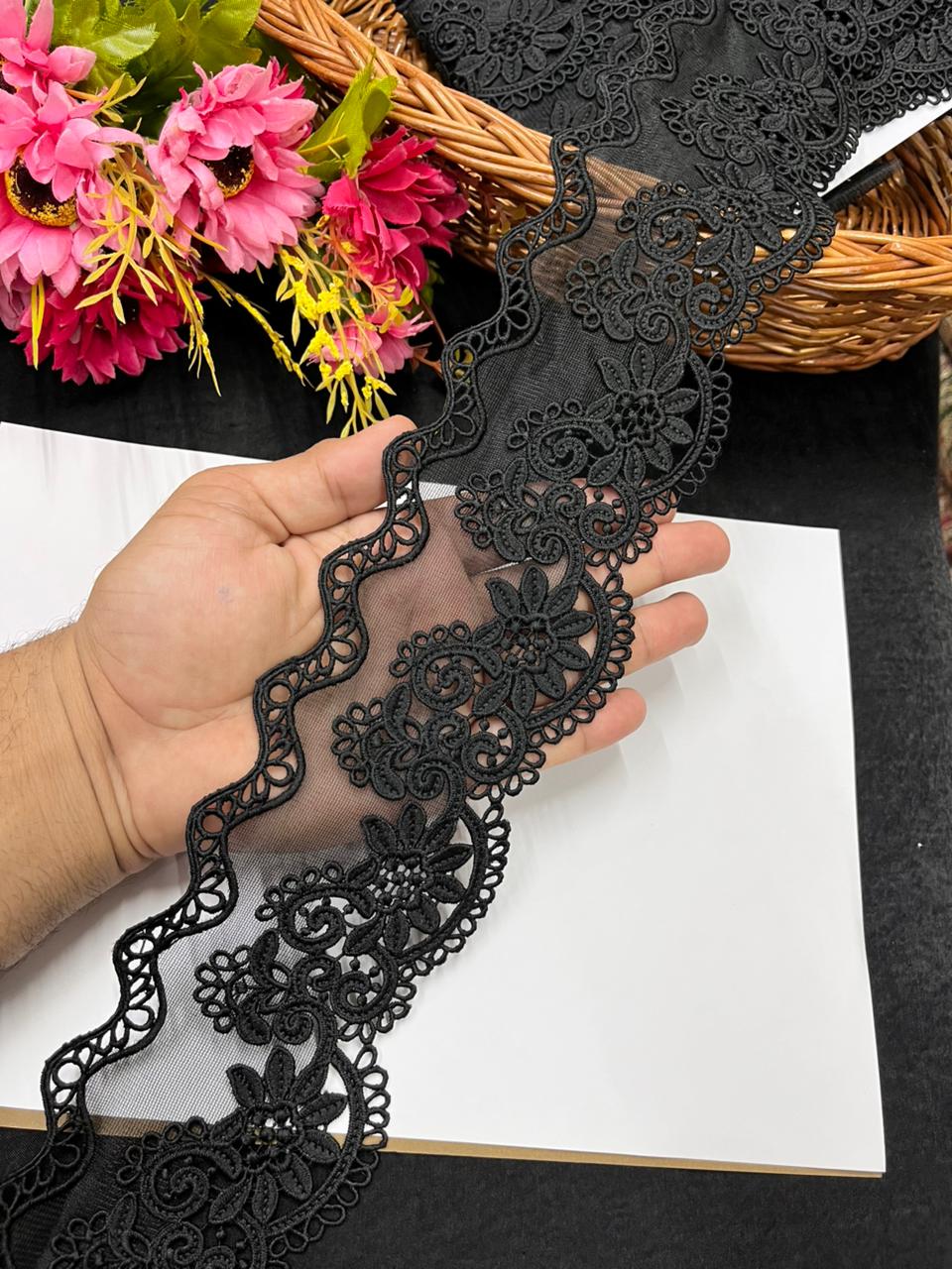 Imported Net Lace Border for Sarees, Dresses & Kurtis – Soft Designer Wide Net Lace Trim (4 Inch) | Black