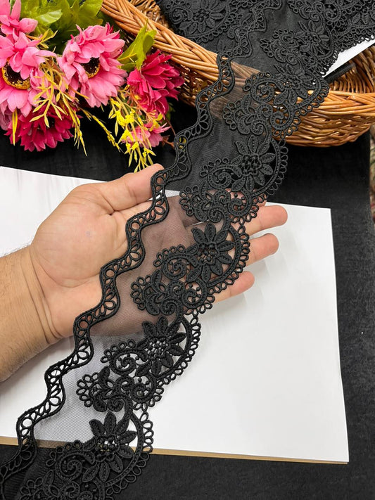 Imported Net Lace Border for Sarees, Dresses & Kurtis – Soft Designer Wide Net Lace Trim (4 Inch) | Black