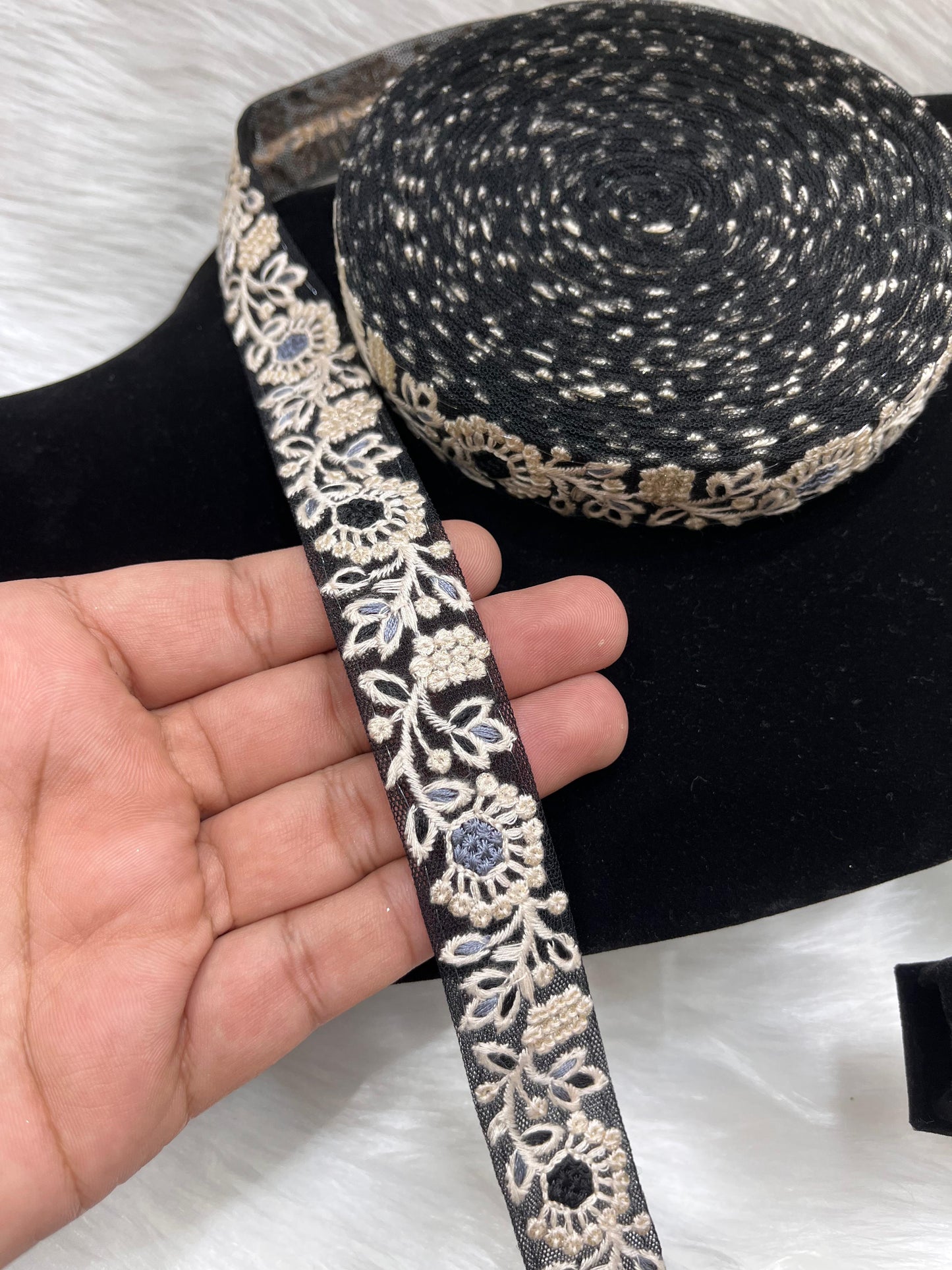 Multicoloured Flower Lace Trim - 9 Meter Thread Embroidered Lace Borders | Black