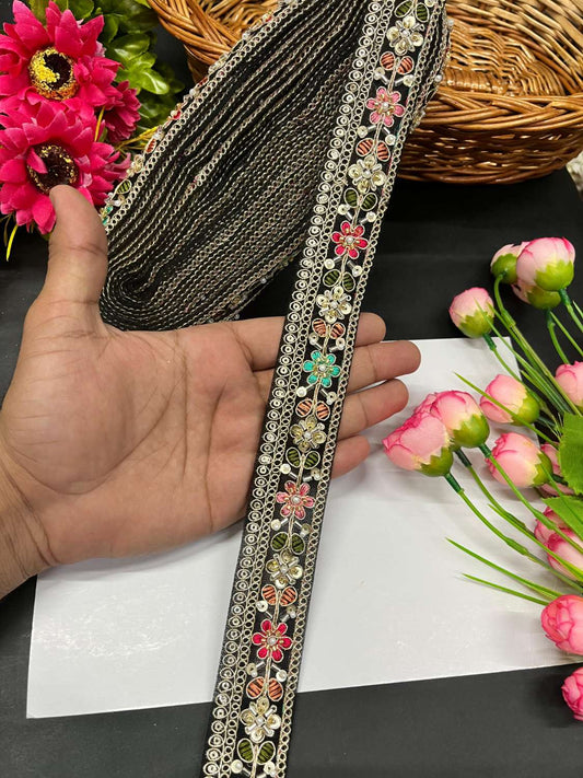 Beautiful Multicoloured Cutdana Beaded Saree Lace & Dupatta Lace – Premium Maggam Work Border Trim (9 Meter, 1.5 Inch Width) | Black