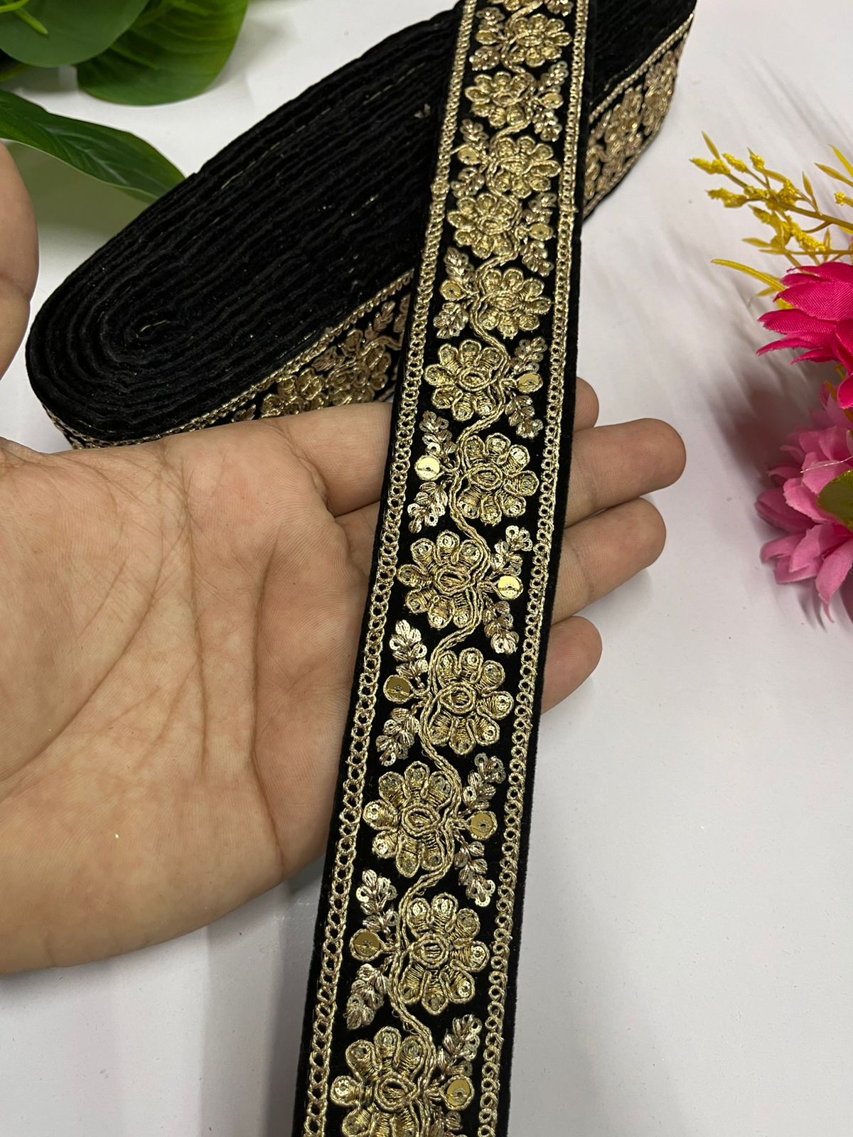 Velvet Saree and Dupatta Lace | Gold Embroidered Velvet Fabric Designer Lace (9 Mtr) | Black