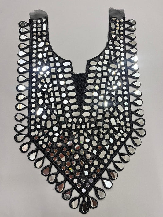 Mirror Work Neck Patch for Dresses & Kurtis – Designer Handcrafted Embellished Neck Applique | Black