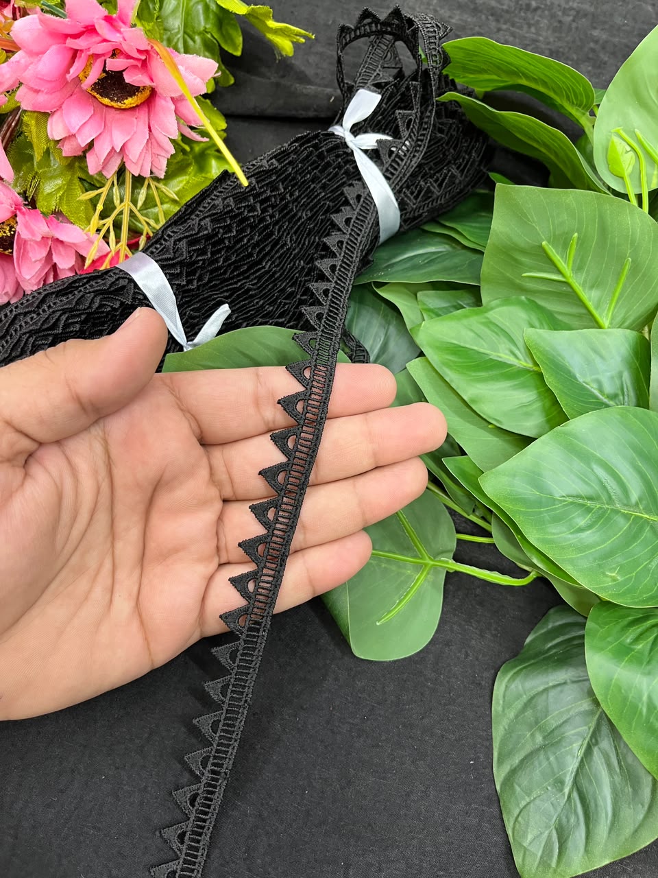White Cotton Lace for Sarees, Dresses, Kurtis & Blouses – Imported Decorative Cotton Lace Trim (Half Inch) | DC1059 | Black