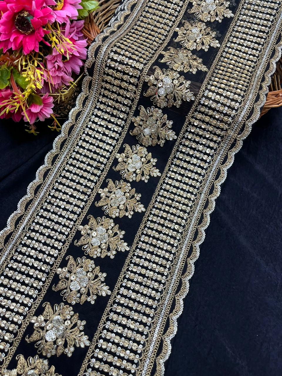 Sabyasachi Inspired Embroidered Lehenga Border Lace – Designer Bridal Saree & Lehenga Lace Trim (9 Inch) | Black