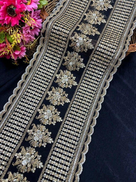 Sabyasachi Inspired Embroidered Lehenga Border Lace – Designer Bridal Saree & Lehenga Lace Trim (9 Inch) | Black