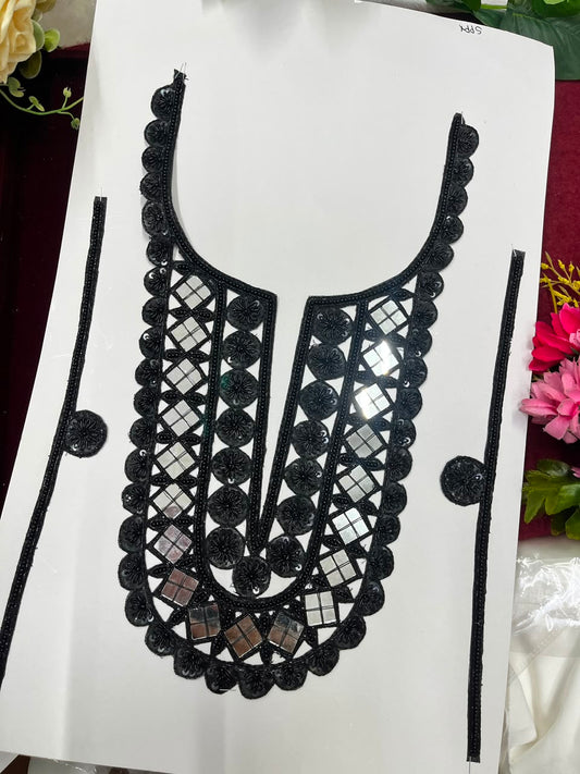 Handmade Mirror Work Neck Patch for Kurtis, Dresses & Blouses – Designer Handcrafted Mirror Neckline Applique | DC1005 | Black