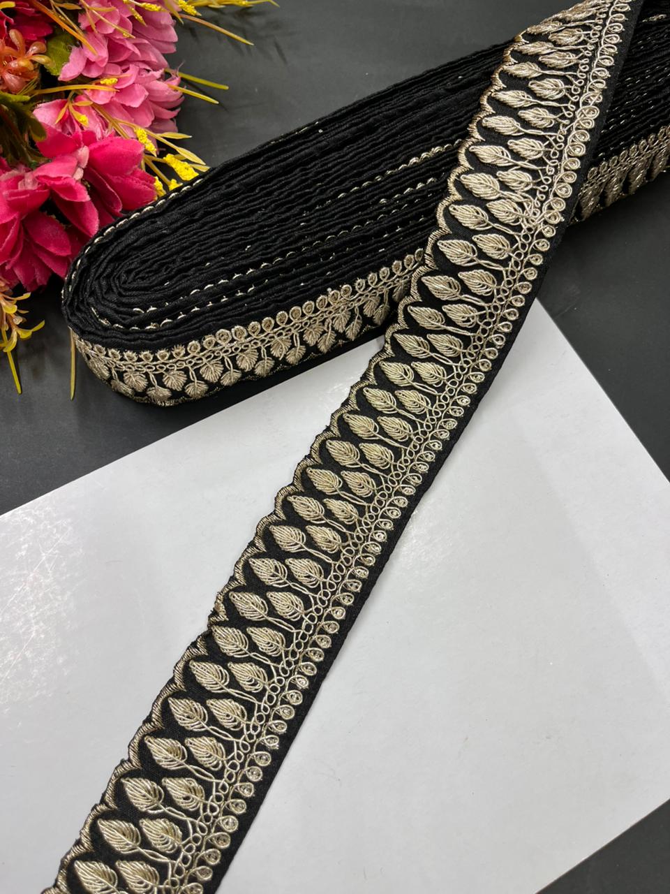 Zari Embroidered Saree Laces – Premium Designer Borders for Sarees, Lehengas & Dupattas (9 Meter, 1.5 Inch Width) | Black