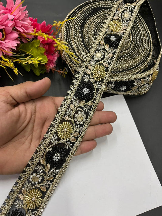 Beaded Bridal Laces Collection – Premium Maggam Work Designer Borders for Sarees, Lehengas & Dupattas (9 Meter, 2 Inch Width) | Black