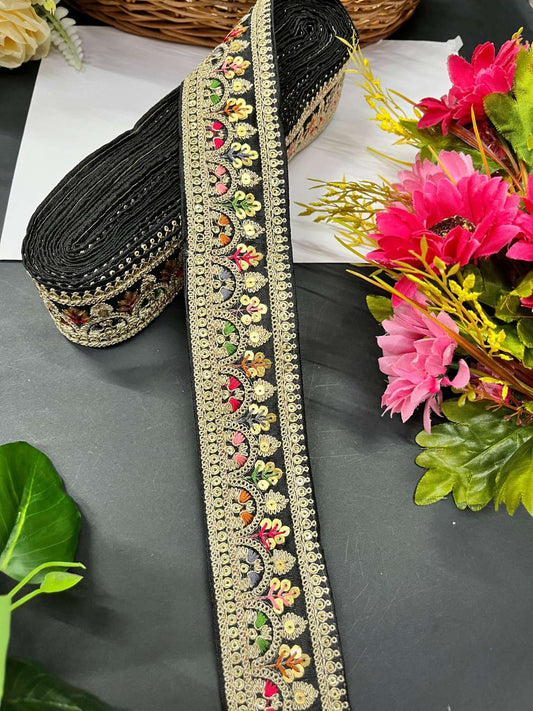 Sabyasachi Inspired Embroidered Saree Laces Border – Designer Lace Trim for Sarees, Lehengas & Dupattas (9 Meter) | Black
