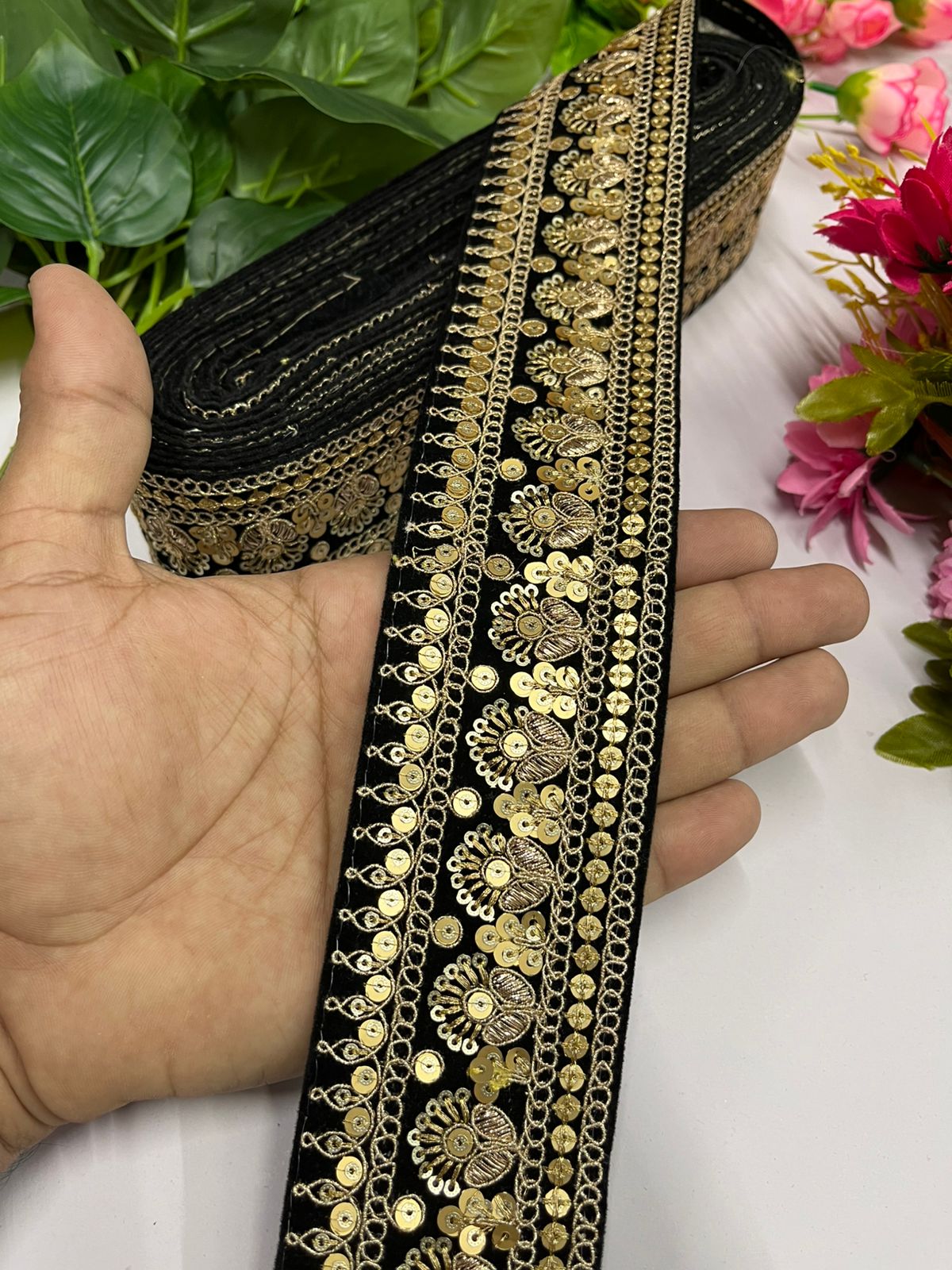 Gold Zari Sequins Embroidered Velvet Lace Border | Velvet Designer Lace (9 Mtr) | Black