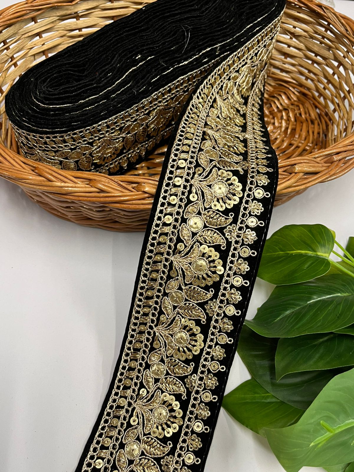 Gold Zari Embroidered Velvet Fancy Dress Lace | Velvet Lace Design (9 Mtr) | Black