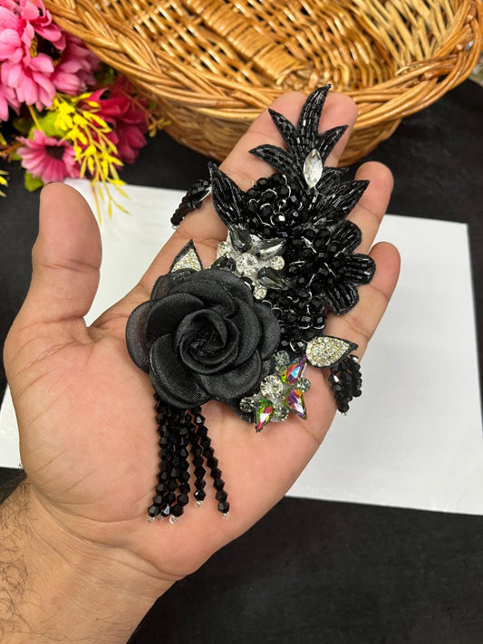 Rhinestone Imported Patch – Western Flower Designer Patch for Sarees, Blouses & Ethnic Outfits (17 cm x 8 cm) | Black